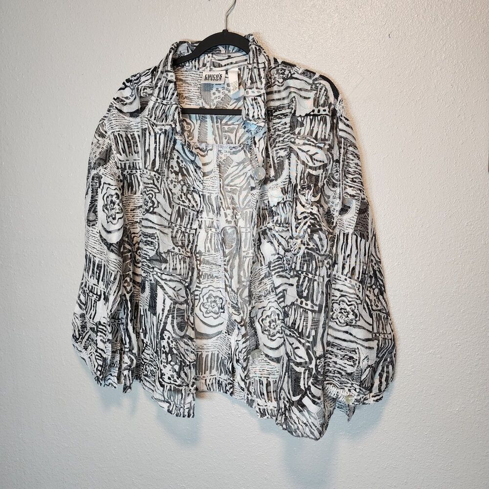 Vintage Chico's Design Sheer Burnout Blouse Size 3 XL Black White Abstract
